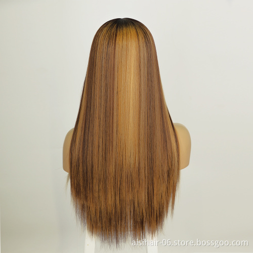 Aisi Hair straight blonde mix brown cheap wholsale premium soft fiber synthetic hair wigs with highlights lace front